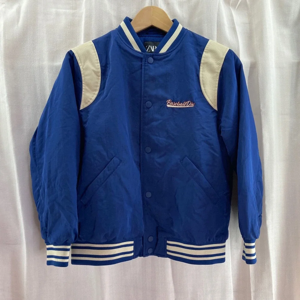 Zara Kids Baseball Div Jacket Varsity Bomber Blue White Size 9-10 EUC